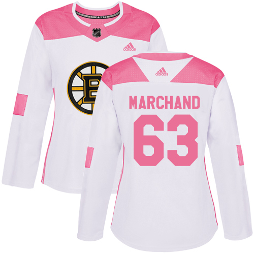 Adidas Bruins #63 Brad Marchand White/Pink Authentic Fashion Women's Stitched NHL Jersey - Click Image to Close